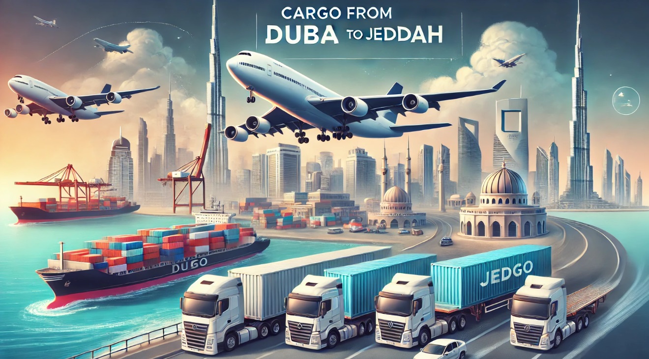 Cargo truck providing door-to-door delivery service from Dubai to Jeddah.