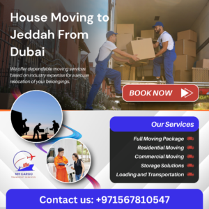 Moving trucks loaded with household items for relocation from Dubai to Jeddah.