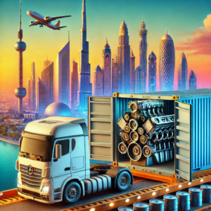 Containers filled with auto spare parts being loaded onto a cargo ship for transportation from Dubai to Qatar, showcasing logistics operations in the automotive supply chain.