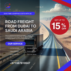 Truck loaded with cargo for cross-border delivery from Dubai to Saudi Arabia.