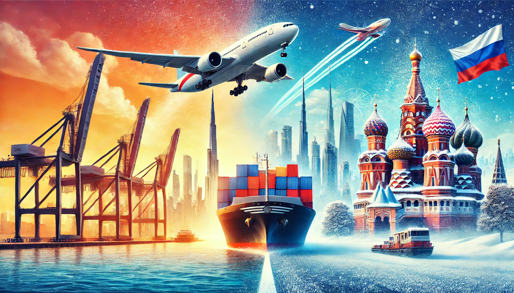 Infographic illustrating the cargo shipping process from Dubai to Moscow.