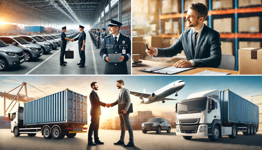 Vehicle delivery service from Dubai to Saudi Arabia, showcasing a cargo truck and happy customers.