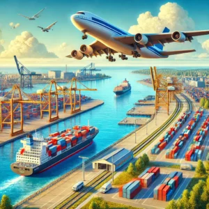Containers and an airplane representing air and sea cargo services from Dubai to Latvia.