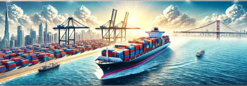 Cargo ship and containers symbolizing reliable shipping solutions from Dubai to Latvia.