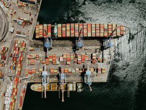 Cargo ship with containers for sea transport from Dubai to Europe.
